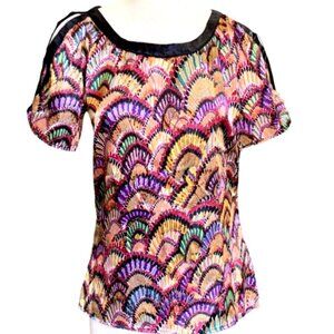 Velvet Heart Colorful Silky Slit Shoulder Short Sleeve Top Sz S #10A